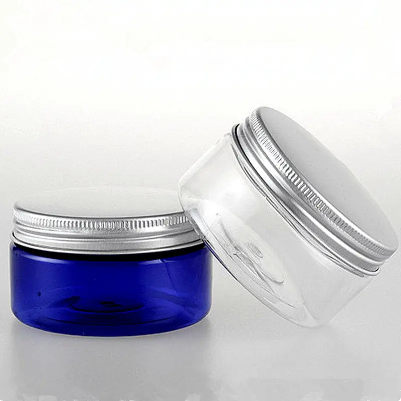 

20pcs/lot 100g Empty PET Cream Jar Bottle Transparent / Blue Cream Box Makeup Packing OF R67 Aluminum Lid (with PVC Inner Cover)