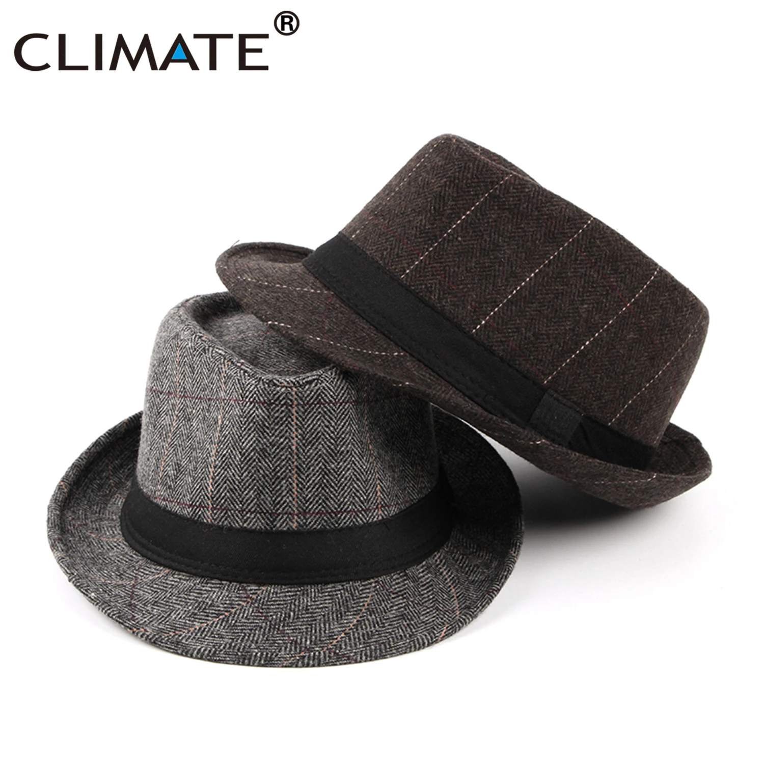 CLIMATE Men Jazz Hat Cap Fedora Plaid Formal Hats for Man Solid Winter Polyester Woolen Fedoras Cap Black Fedora Men Hat Cap