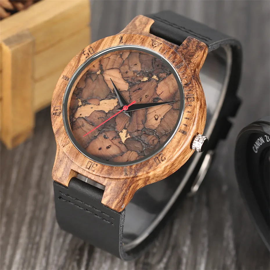 Unique Irregular Pattern Display Wood Watches Quartz Timepiece Men's Genuine Leather Casual Hot Fashion Male Wooden Clock reloj