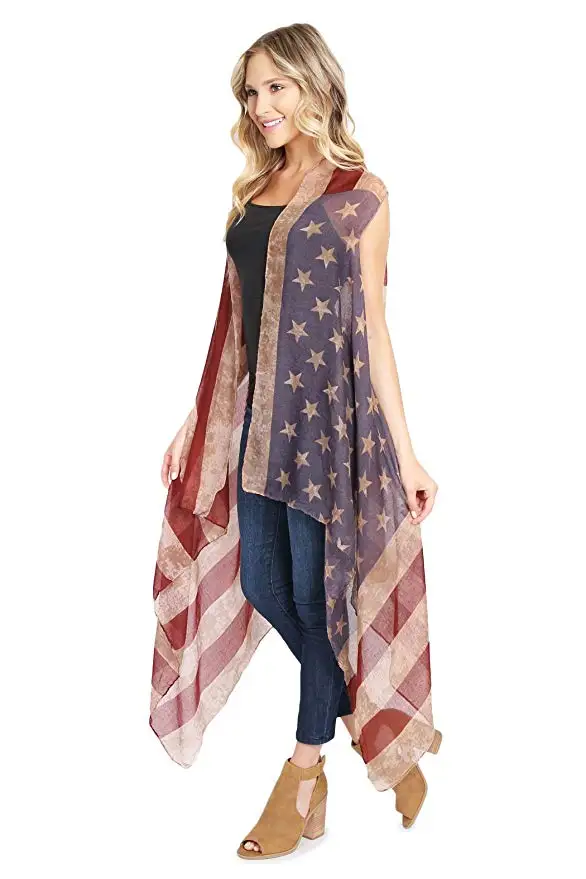 Cardigan American กรกฎาคม4th USA ธงชาติอเมริการูปแบบน้ำหนักเบาผ้าคลุมไหล่ Kimono เสื้อกั๊ก