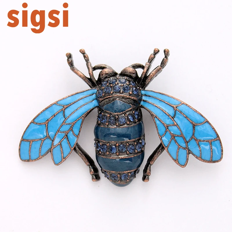 100pcs a lot 2W x 1 .5H inches inches Rose Copper Tone Sapphire Blue Colored Rhinestones Beetle Bee Brooch Pin