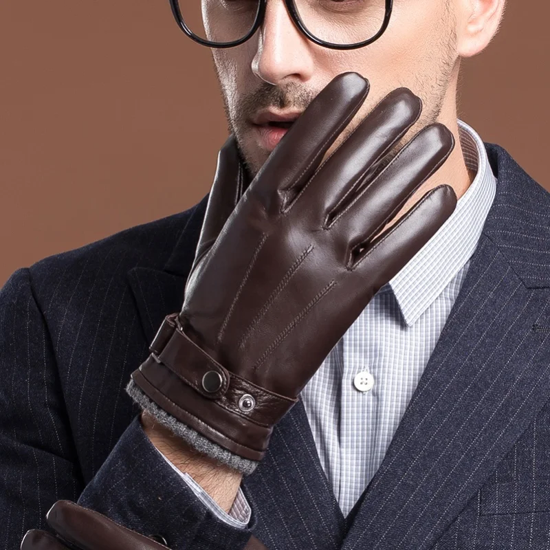 Man Spring/Winter Genuine Leather Thick Black/Brown Male Touched Screen Gloves Real Leather Gloves Driving Mittens Free Shipping