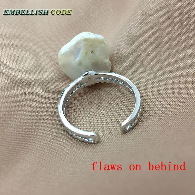 Adjustable size Resize baroque pearl 925 silver Ring simple modern white Lustrous tissue nucleated fire ball shape for women