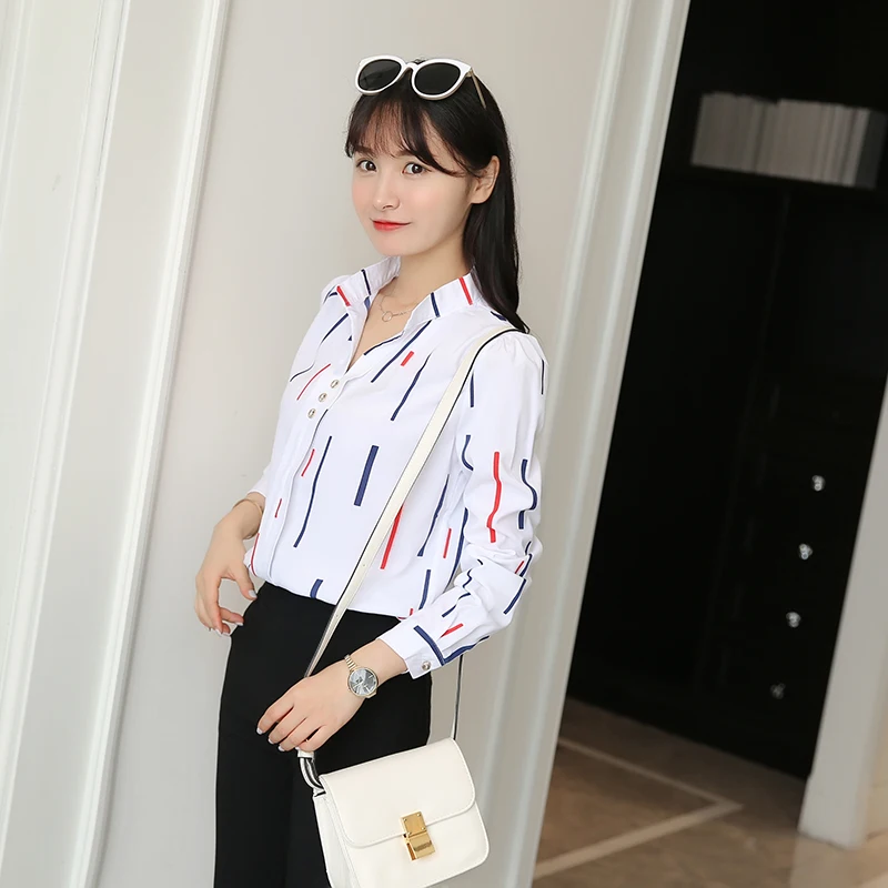 Spring and Autumn Blouse Long Sleeve Shirt Print New Korean Version V Neck Blusa Feminina