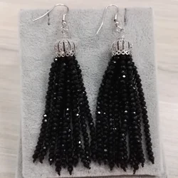 Boho Bohemian Jewelry Red Blue Black Color Glass Beaded Tassel With White Cz Zircon Crown Charms Women Dangle Earrings