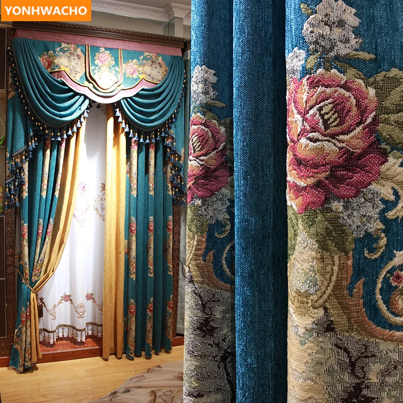 

Custom curtains American country living room retro high-grade chenille thick cloth blackout curtain tulle valance drapes N957