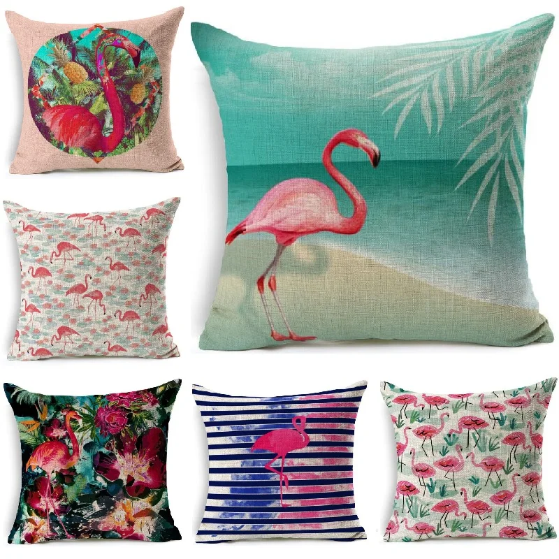 Pink Flamingo Cushion Cover Animals Pattern Linen Pillow Case Car Sofa Throw Pillows Decorative almofada cojines 45x45cm