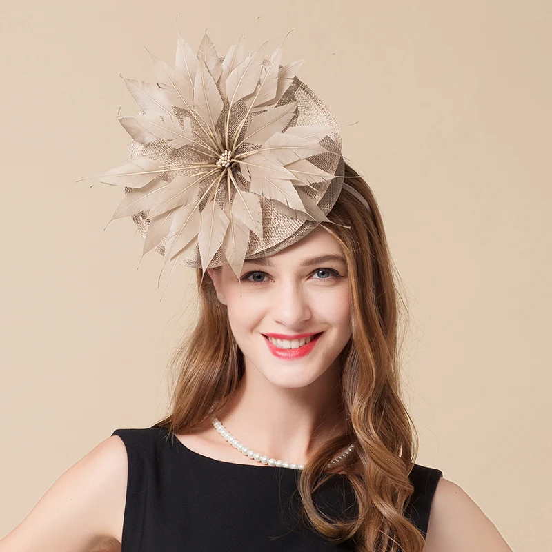 Female Fedoras Sinamay Fascinator Hat Melbourne Cup Lady Feathers British Fashion Cap Korean Version Elegant Wedding Hats H6621