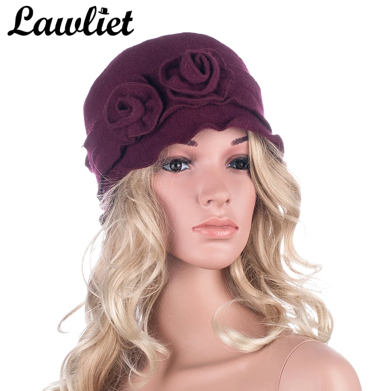 Lawliet Winter Cap Women Beret 1920s GATSBY Style Solid Two Flowers Beanie Wool Hats for Women Ladies Bucket Crochet Hat A285