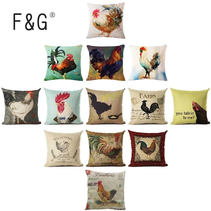 Vintage Cock Cushion Cover Linen Decorative Pillowcase Chair Seat Square 45x45cm Pillow Cover Home Living Textile Coussin Decor