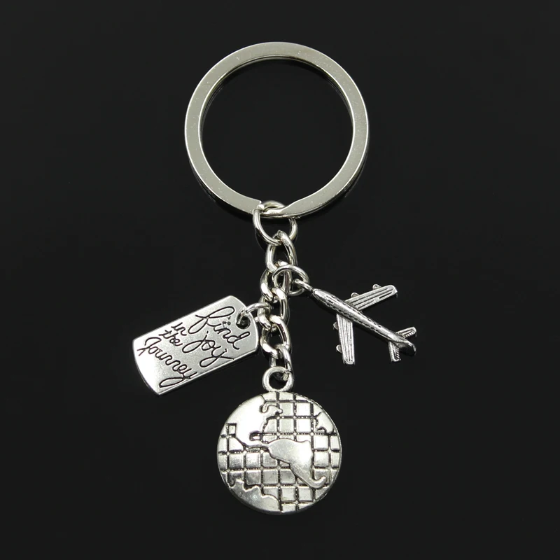 Fashion 30mm Key Chain Keychain Jewelry Silver Color World Travel Find Joy In Journey Aircraft Airplane Pendant