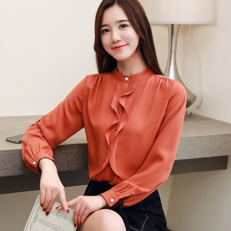 Musim Semi Baru Kemeja Sifon Perempuan Korea Warna Murni Kerah Blus Kantor Wanita Mengacak-acak Temperamen Lengan Panjang Atasan H9143