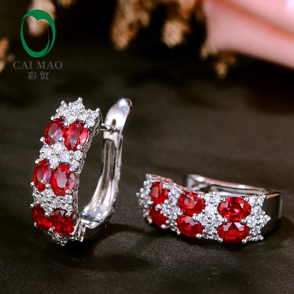 Caimao Natural 2.59ct Red Ruby with 0.74ct Brilliant Cut Diamond 18kt White Gold Earrings for Womens