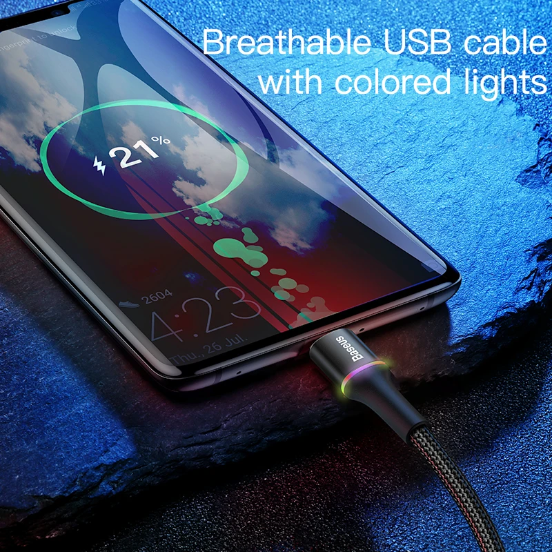 Baseus LED USB Type C Cable For Xiaomi 13 Redmi Realme POCO Fast Charging Wire Cord USB-C Charger Mobile Phone USBC Type-C Cable