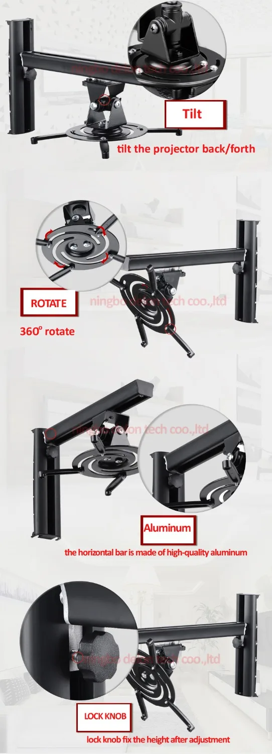 ALUMINUM universal projector wall bracket ceiling mount rack for 3 holes 4 holes projector full motion move horizontal vertical