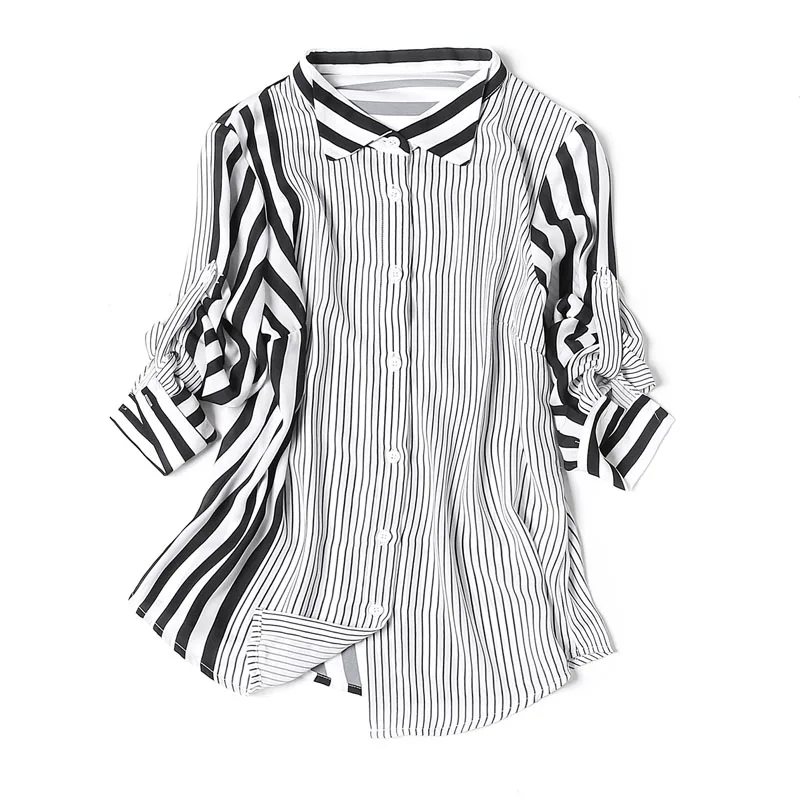 100% Silk Blouse Women Shirt Patchwork Design Striped Turn-down Collar Long Sleeves Office Work Top New Fashion 2018