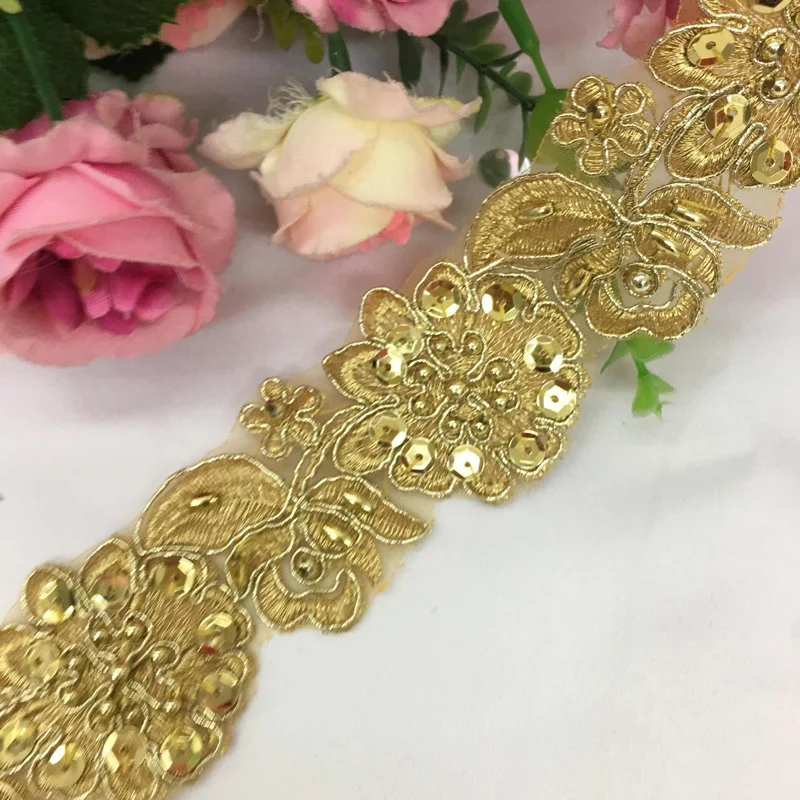 1-5Yds/Lot 4Cm Wide Delicate Wedding Dress Sequin Beaded Flower Lace Applique Gold Thread Embroidery Lace Accessories Trim Gold