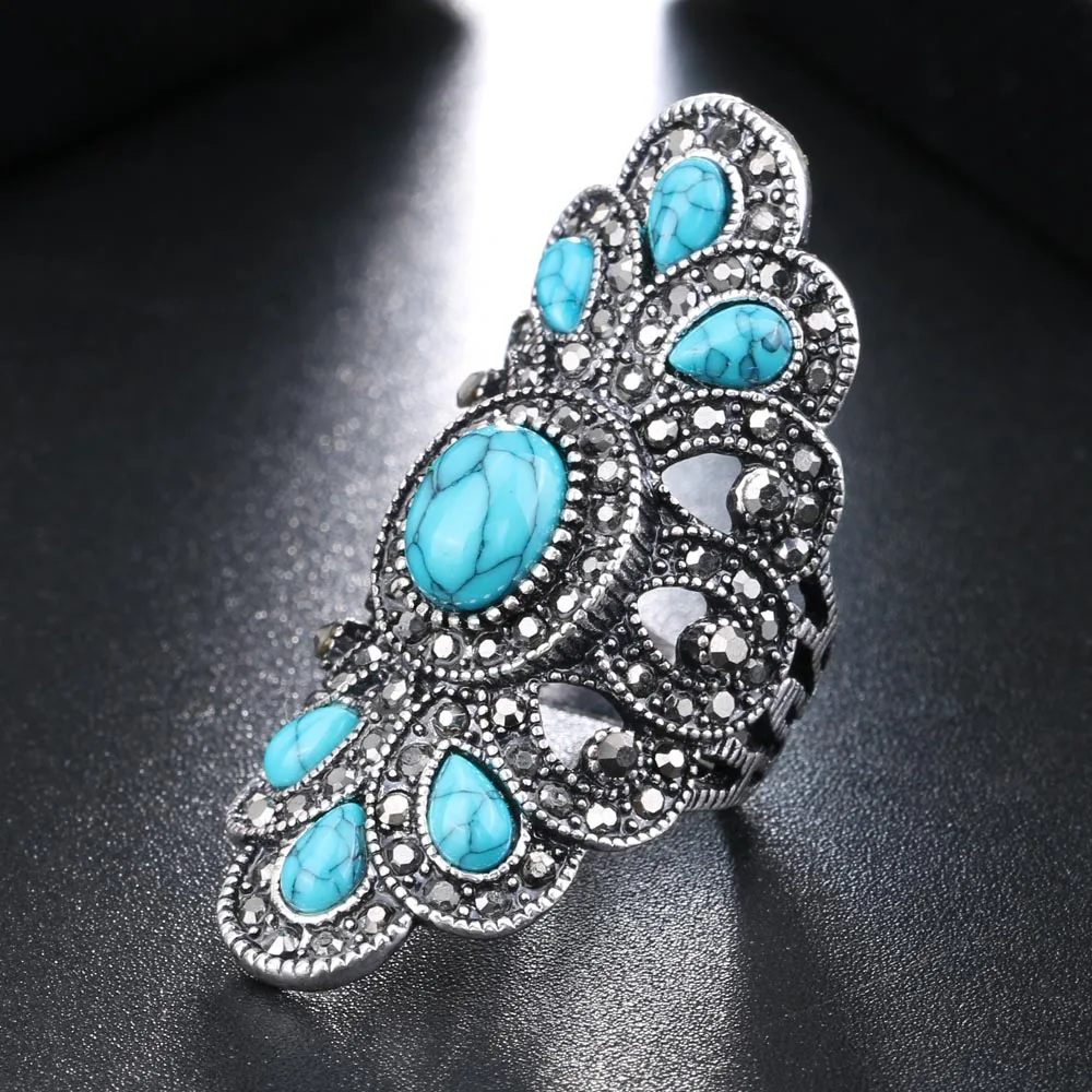 Fashion Ethnic Peacock Big Rings For Women Vintage Blue Stone Black Crystal Silver Color Ring Statement Bohemian Jewelry 2018