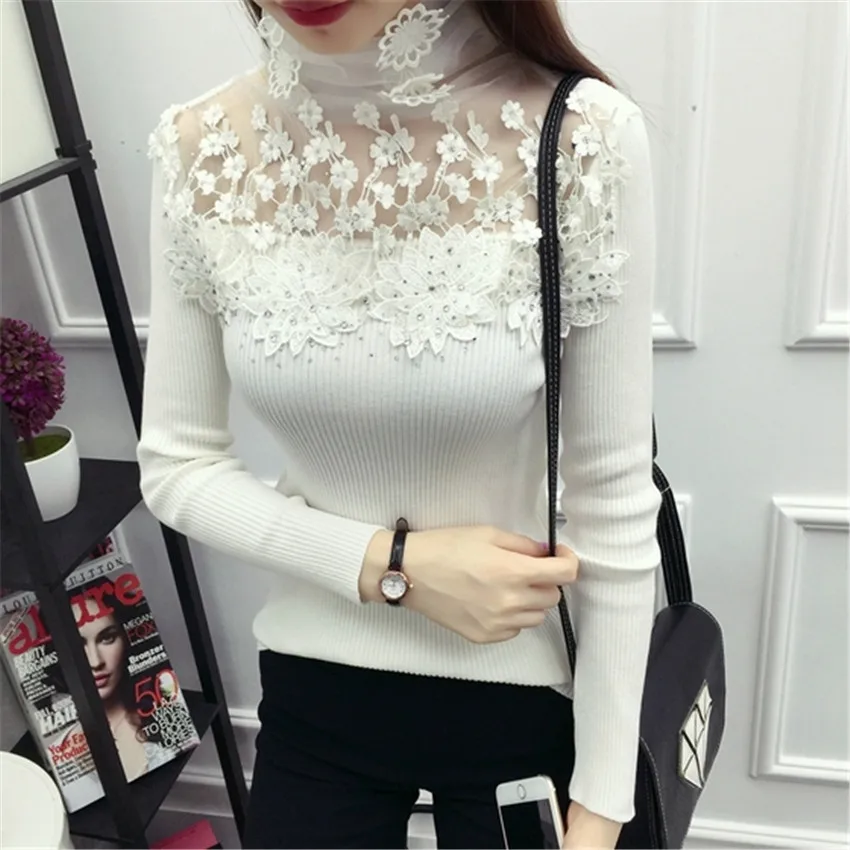 New Women Turtleneck Sweater Autumn Winter Mesh Patchwork Knitted Pullovers Flowers butterfly Basic Sweaters Female Tops AB700