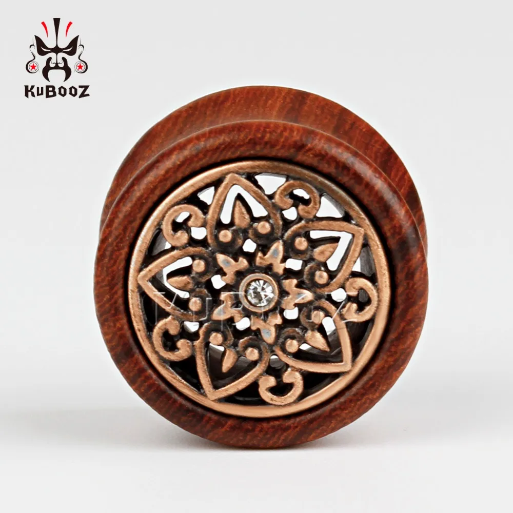 Kubooz piercing wood ear plugs tunnels piercing body jewelry with metal crystal design sell by pair ear gauges