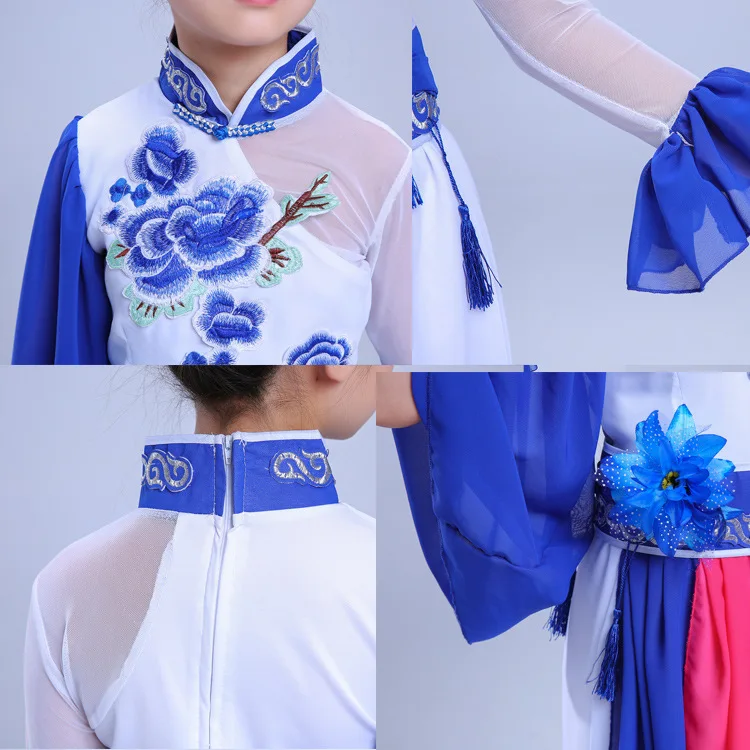 Trajes para crianças hanfu, roupa de dança, porcelana azul e branca, yangge, roupas nacionais, performance de palco