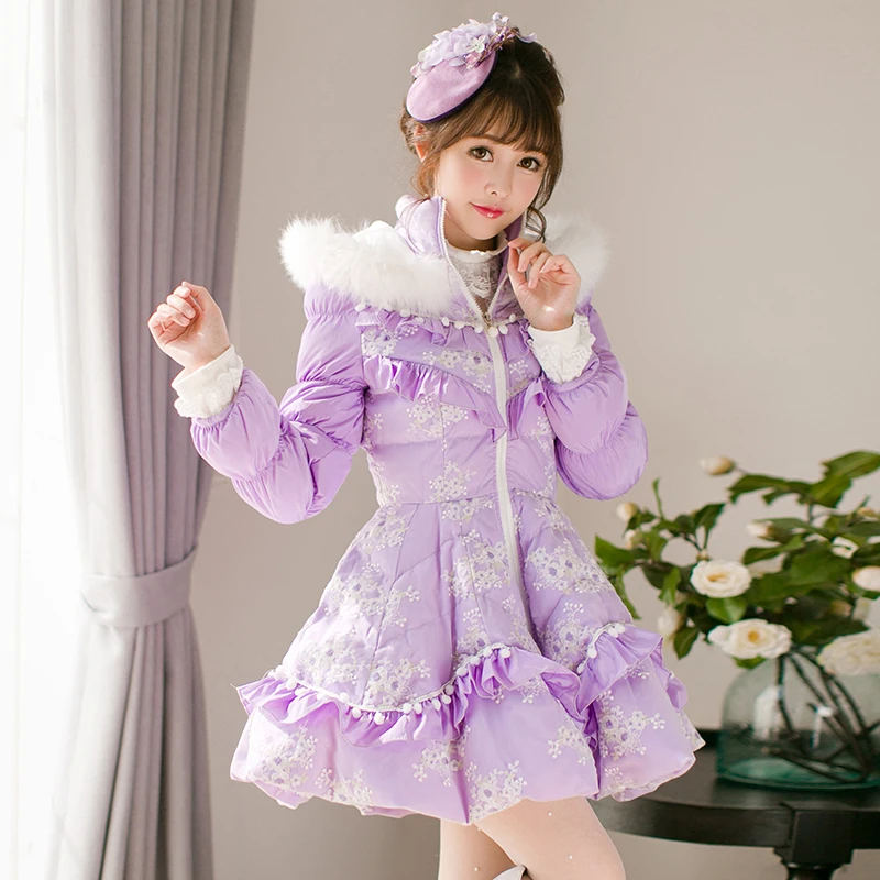 Parkas de princesa lolita para mujer, abrigo de manga larga con cuello de piel de zorro dulce, original, japonés, nuevo, invierno, C22CD7219