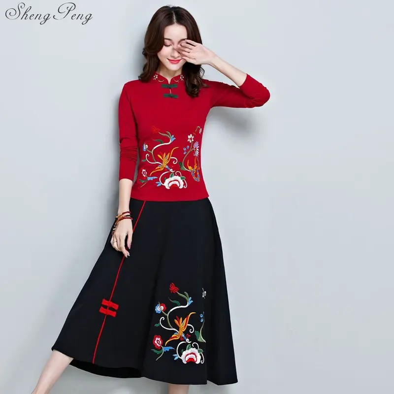 Chinese oriental women two piece set spring fall pantsuit women vintage floral print elegant ladies skirt suit Q458
