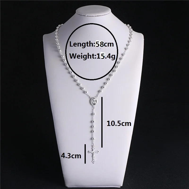 KOMi New Fashion CCB Bead Handmade Cross Pendant Long Necklace Silver Color Vintage Rosary Religion Jewelry Gift R-111