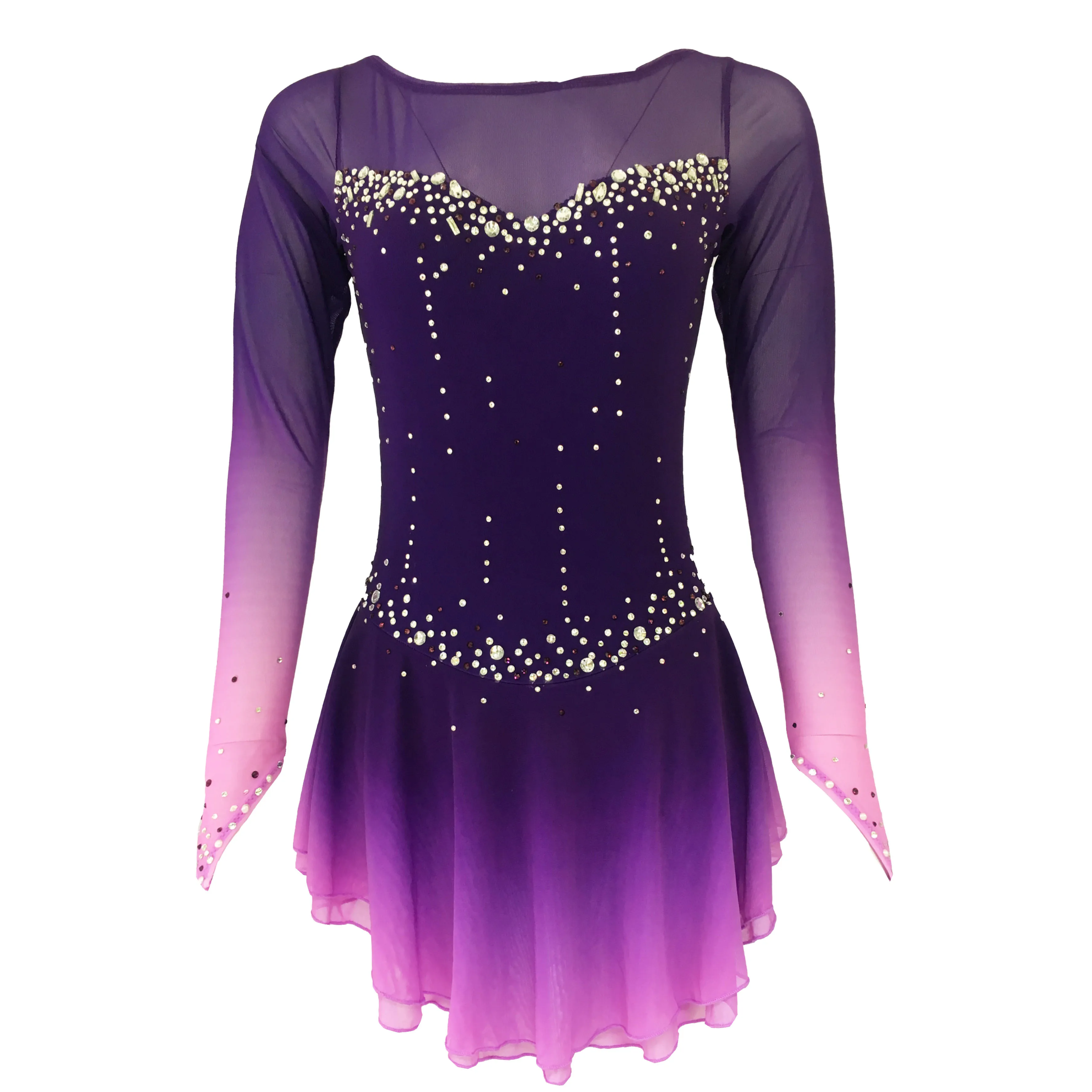 Purple Figure Skating Dress Fingerpoint Sleeves Ice Skating Skirt Long-Sleeved Spandex Skirt Competition Dresses