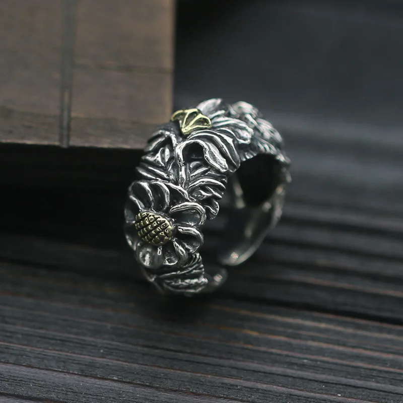 

S925 Sterling Silver Hand-carved Peony Ring Retro Thai Silver Open Ended Ring Personality Fashion Male And Female Ring