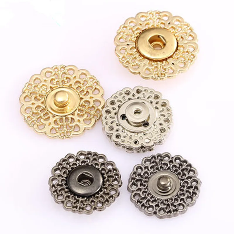 Metal Snap Button 15mm 18mm 21mm Clasp Buttons Hollow Flower Invisible Coat Buttons Fashion Suit Buckle Black Gold Silver 5piece