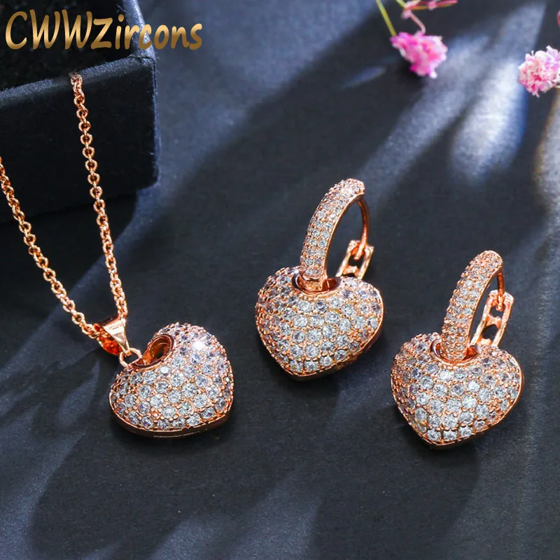 CWWZircons Micro Pave Cubic Zirconia Rose Gold Color Heart Hoop Earrings And Necklace Famous Brand Jewelry Sets For Women  T082