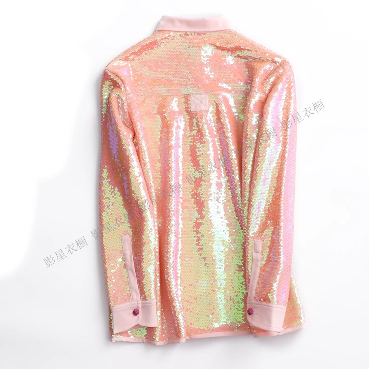 Cakucool Women Full Sequins Blouse Long Sleeve Beading Blusa Loose Pink Korean Shiny Blouse Shirts Autumn Tops Femme Plus size