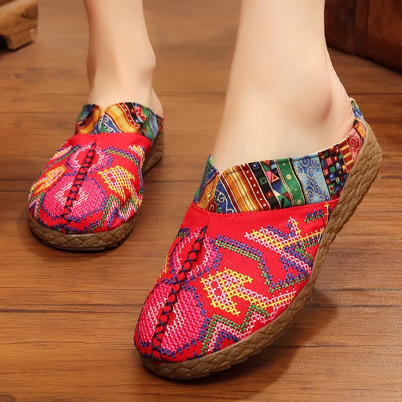 Veowalk Harajuku Summer Women Floral Embroidered Canvas Mules Slippers Hawaii Fashion Ladies Casual Platform Flat Slide Shoes