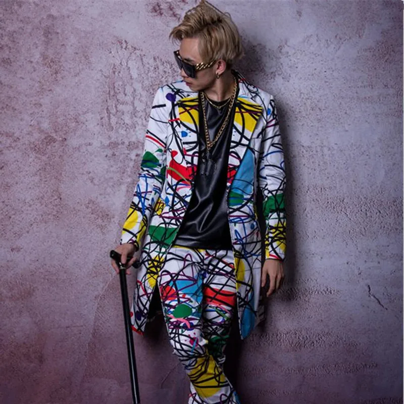 Nightclub Bar Suits Male Singer Model Catwalk Line Print Medium Long Blazers Pants Set Men Concert Stage Performance Costume