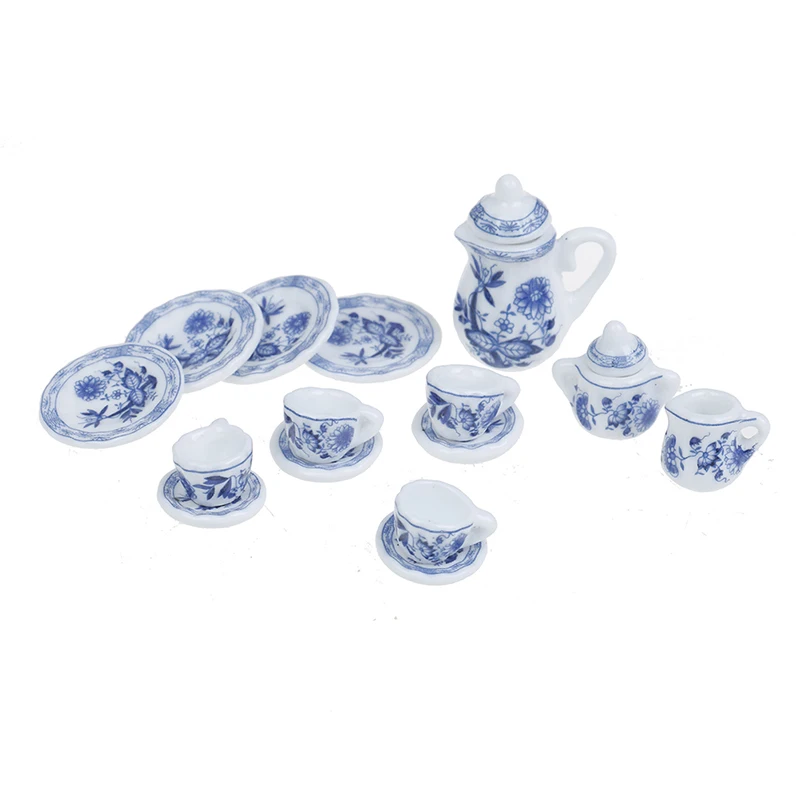 15Pcs/set Flower Patten Porcelain Coffee Tea Cups Ceramic Tableware Scale 1/12 Miniature Kitchen Accessories