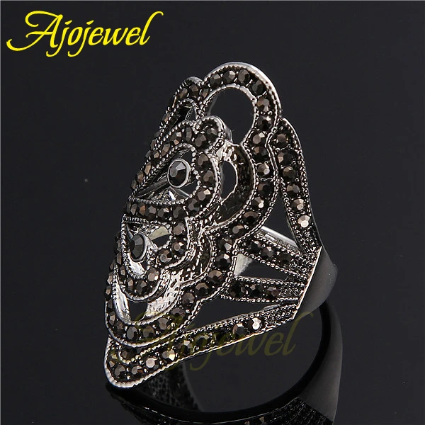 Ajojewel Big Hollow Designer Ring Black Rhinestone Luxury Women Rings Vintage Jewelry Fashion Accessories