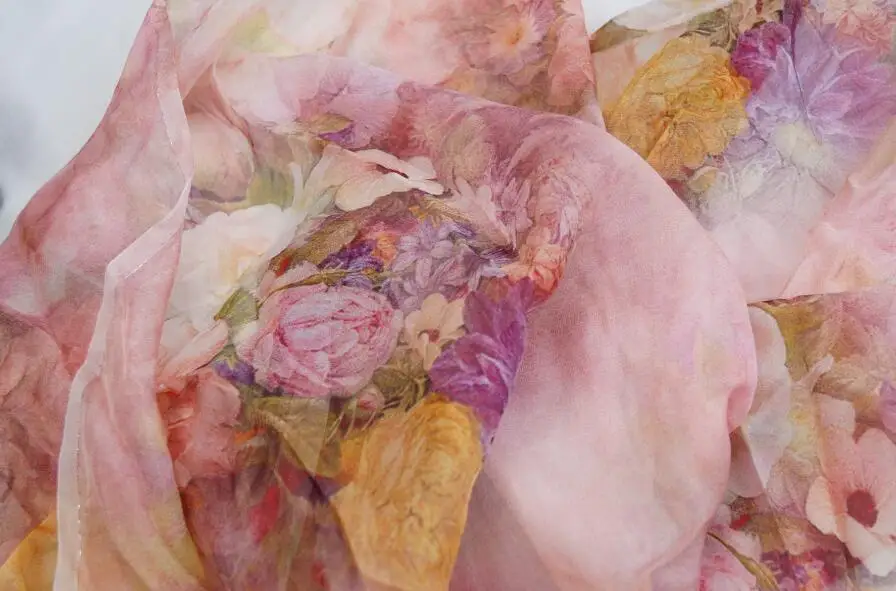 Natural environmental protection material HD digital spray silk fabric processing square scarf fabric cloth Peony Rose