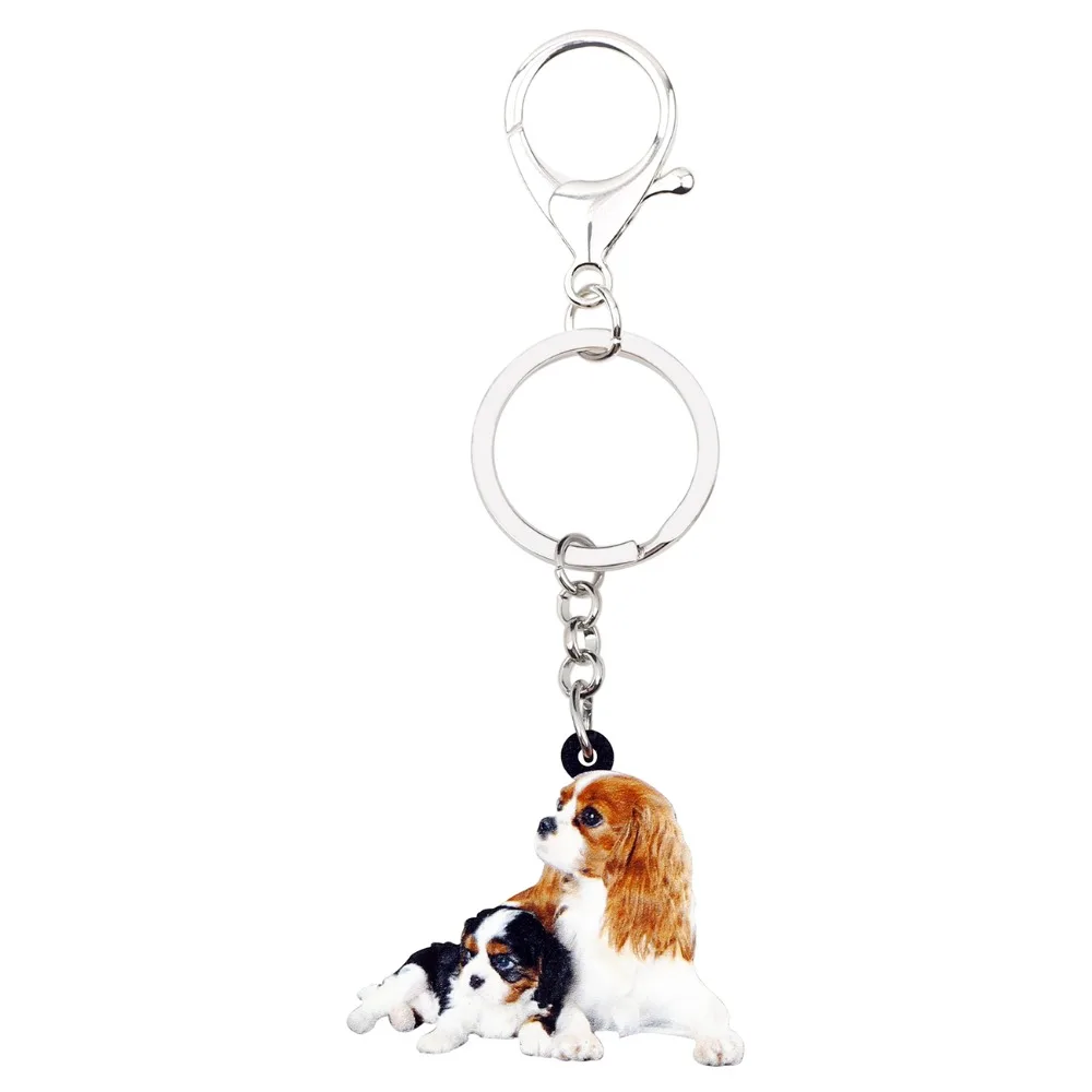 Bonsny Acrylic Cute Double Cavalier King Charles Spaniel Dog Key Chains Keychains Rings Bag Car Charms Jewelry For Women Girls