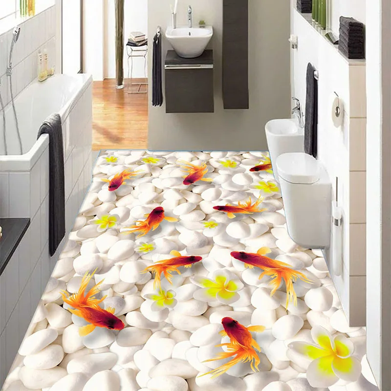 Custom 3D Floor Mural Wallpaper Swimming Goldfish PVC Self-adhesive Waterproof Living Room Bathroom 3D Flooring Papel De Parede