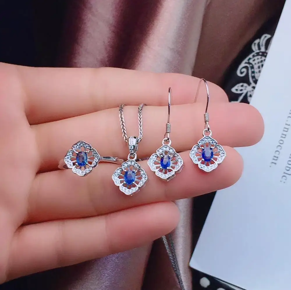 

New style Blue sapphire gemstone jewelry set including ring earrings necklace with 925 silver