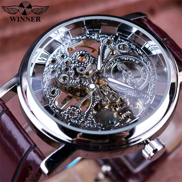 Fashion Winner Brand Transparent Luxruy Gold Case Luxury Casual Design Brown Leather Strap Men Student Watch Mechanical Skeleton