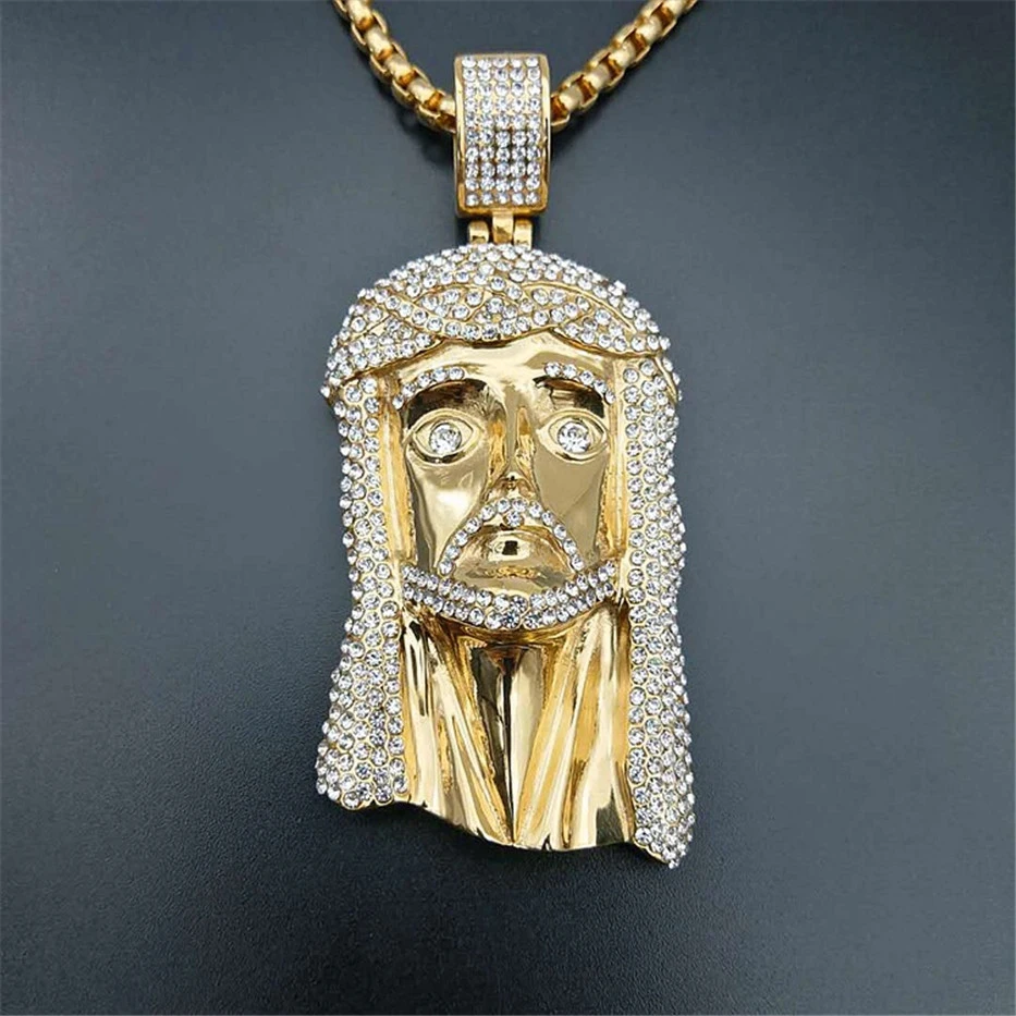 Golden Big Jesus Christ Head Stainless Steel Necklace Pendant With Chain For Men Iced Out Rhinestones Hip Hop Christian Jewelry