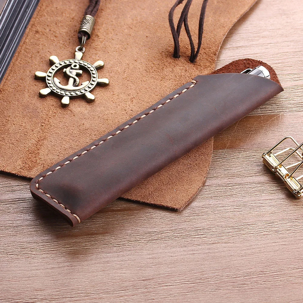 Personalise Handmade Genuine Leather Fountain Double Pen Bag Soft Pencil Protective Sleeve Cover