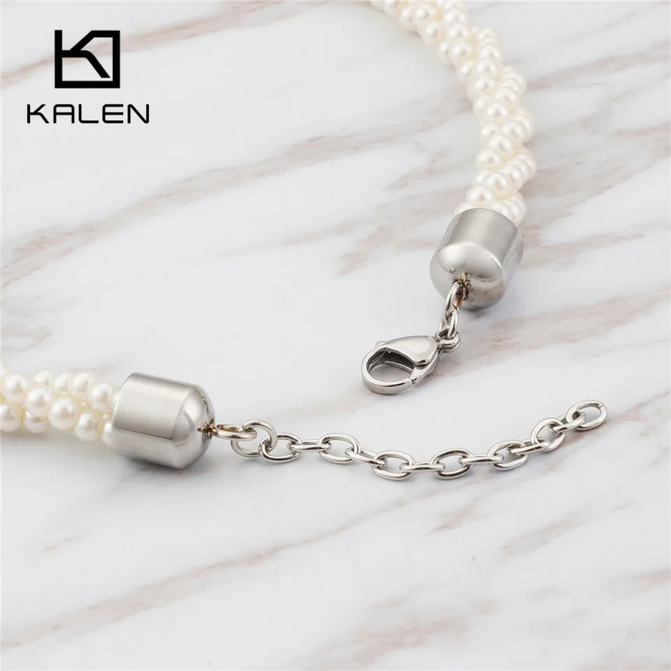 KALEN Bohemia Plastic Pearl Jewelry Set For Women Stainless Steel Plastic Twisted Chain Choker Necklace Bracelet Earrings Set