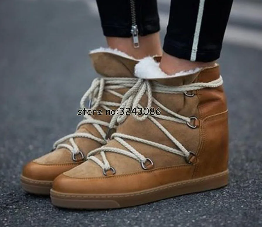 Winter Warm Fur Shearling-Lined Leather Wedge Boots Ankle Snow Boots Two Shoelaces Heel 8cm Women Shoes Casual Shoes Dropship