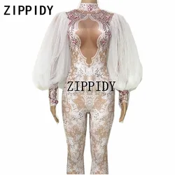 New Style Rhinestones White Lace Big Sleeves Jumpsuit Stretch Leggings Women's Birthday Party Sexy Wear Nightclub Show Bodysuit