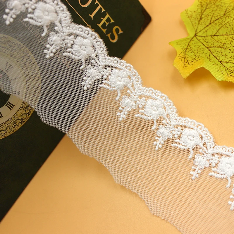 Lace Trim 15 yard Ivory Gauze Mesh Tulle Cotton Embroidered Lace Fabric Ribbon Tapes 5cm 1.96