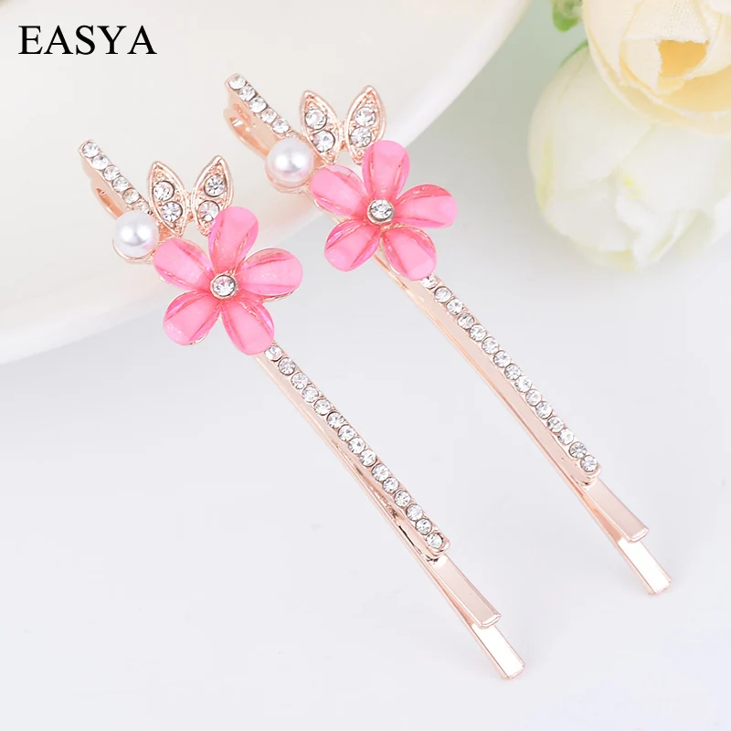 EASYA 3 Colors Rhinestone Flower Hairpin Hair Clip Minimalist Women Girls Fashion Simulated Pearl Crystal Hairwear Jewelry