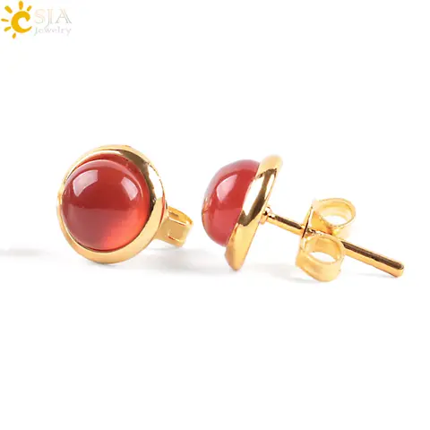 CSJA Cute Tiny Round Stud Earrings for Women Gold Color Ear Piercing Natural Gem Stone Bead Onyx Black Crystal Earring E596